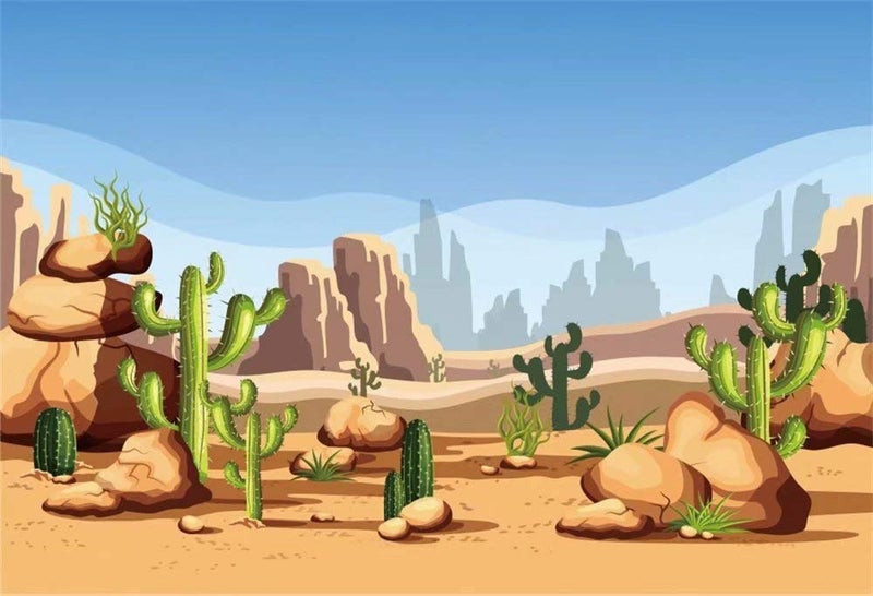 Leowefowa 7x5ft Vinyl Cartoon Desert Cactus Backdrop Western Wild Land Saguaro Cactus Plant Wilderness Nature Yellow Stones Background Event Party Photography Decoration Portrait Photo Booth Props - Image 1
